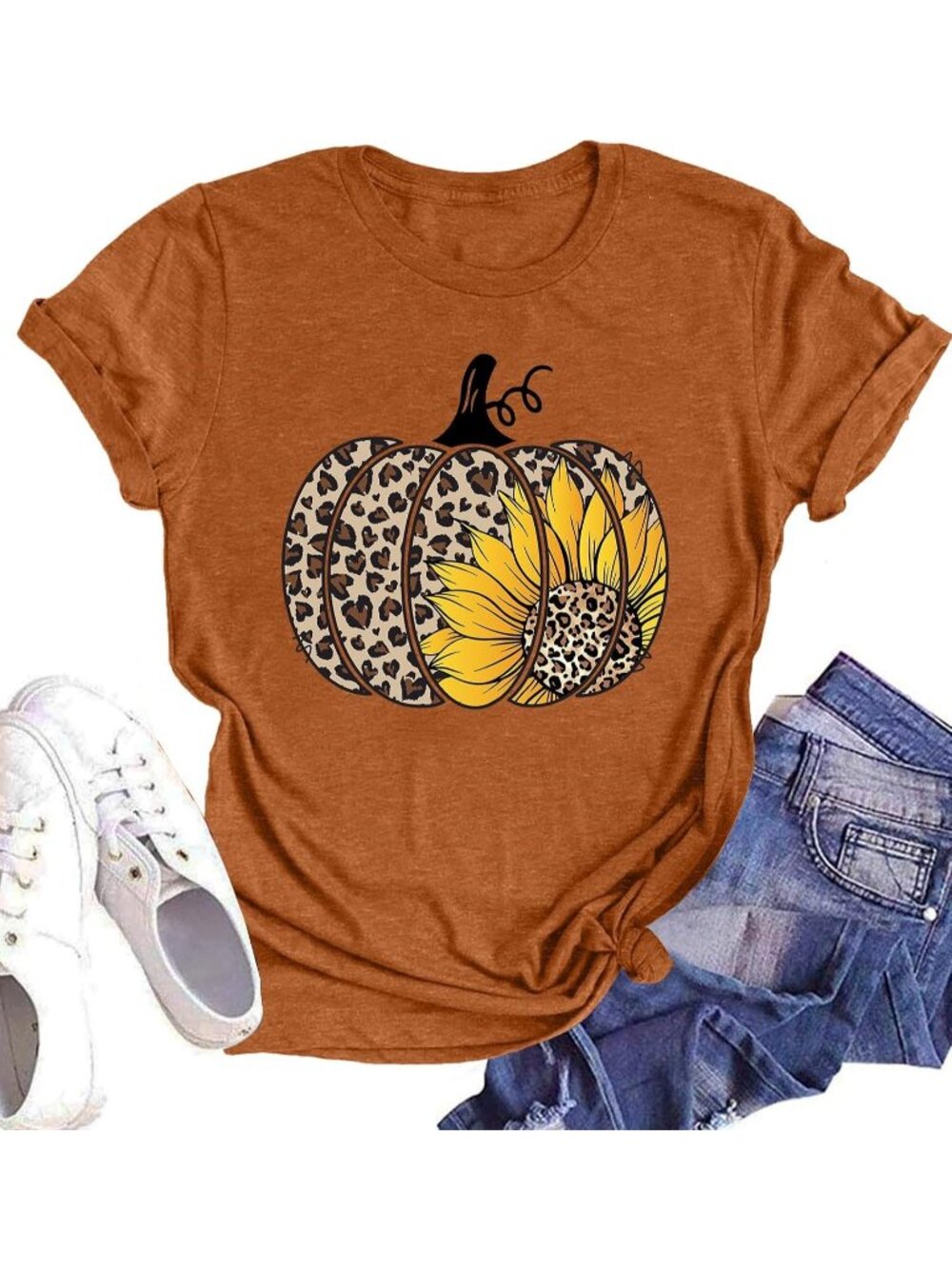🆕 Women's Orange Sunflower Leopard Pumpkin Graphic Tee Short Sleeve Shirt